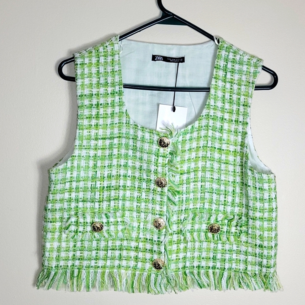 Zara Tweed Woven Crop Vest with Fringe Crop Vest Sz M